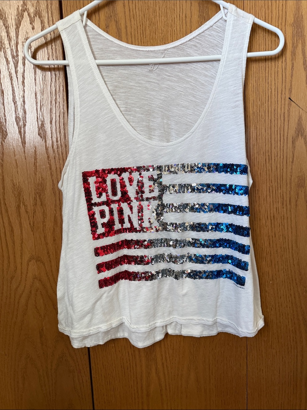 Victoria's Secret Love Pink Sequin Flag Tank Top - White with Red, Silver, Blue
